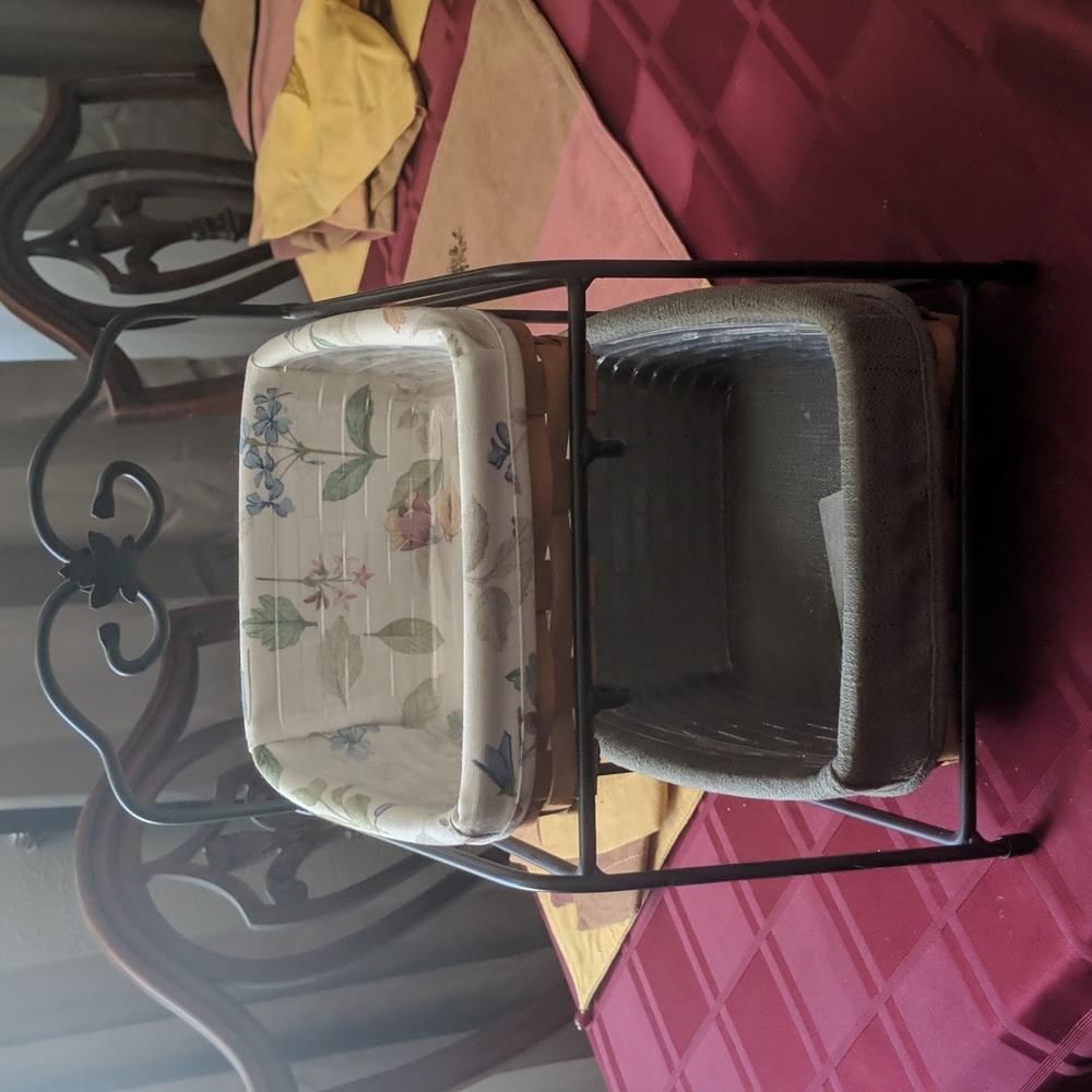 Longaberger Wrought Iron Holder with 2 Baskets, Liners and Protectors.